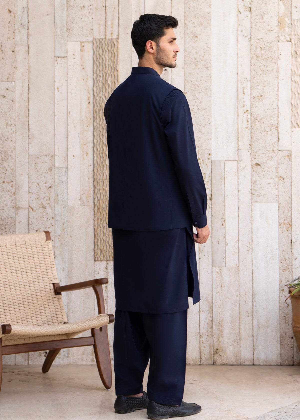 Navy Blue Formal Kameez Shalwar with Blended Waistcoat - Straight Cut - Men