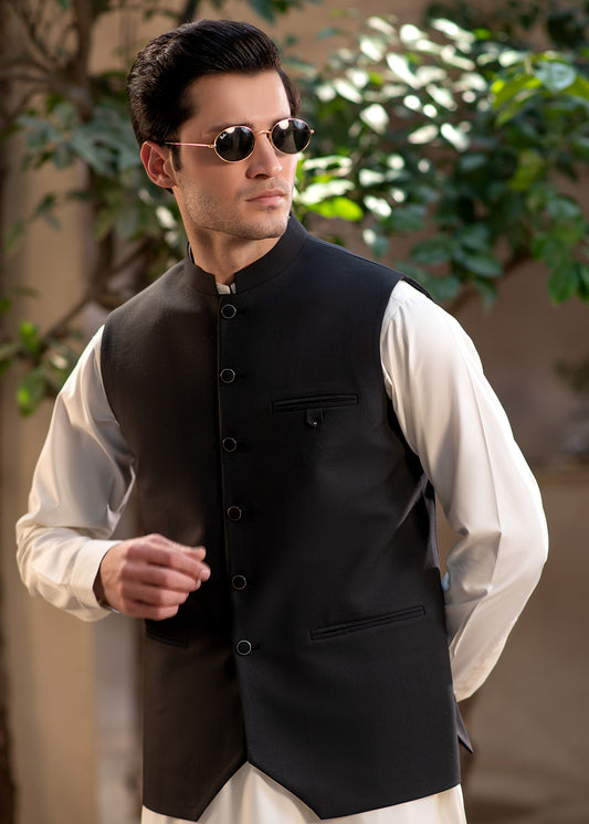 Premium Black Suiting Waistcoat Men's with two side bone pockets and one welt chest pocket - Classic Fit Mandarin style