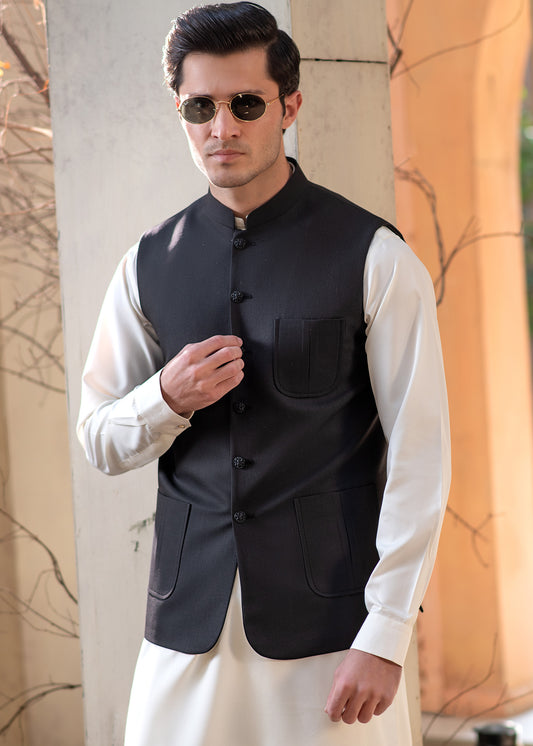 Premium Black Suiting Waistcoat Men's with two side patch pockets and one welt chest patch pocket - Classic Fit Mandarin style