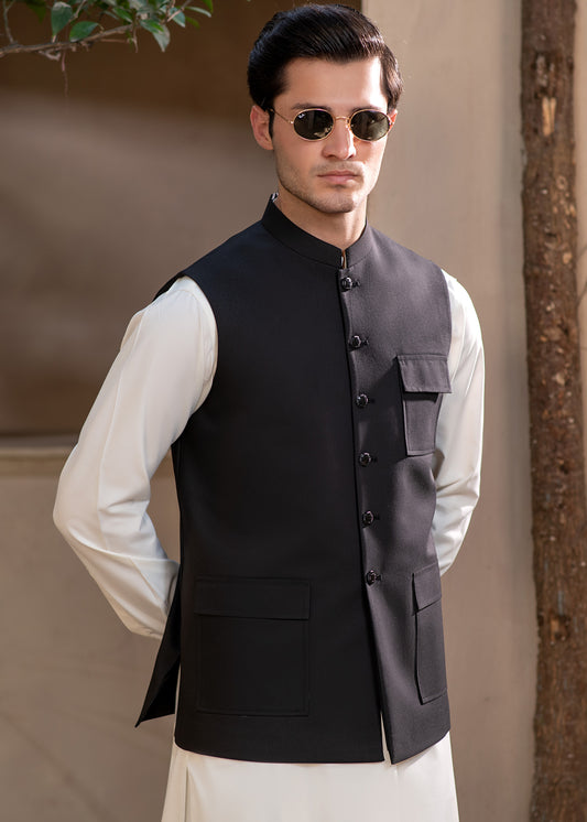 Premium Black Suiting Waistcoat Men's with two side patch pockets with flaps and one welt chest pockets with flap - Classic Fit Mandarin style