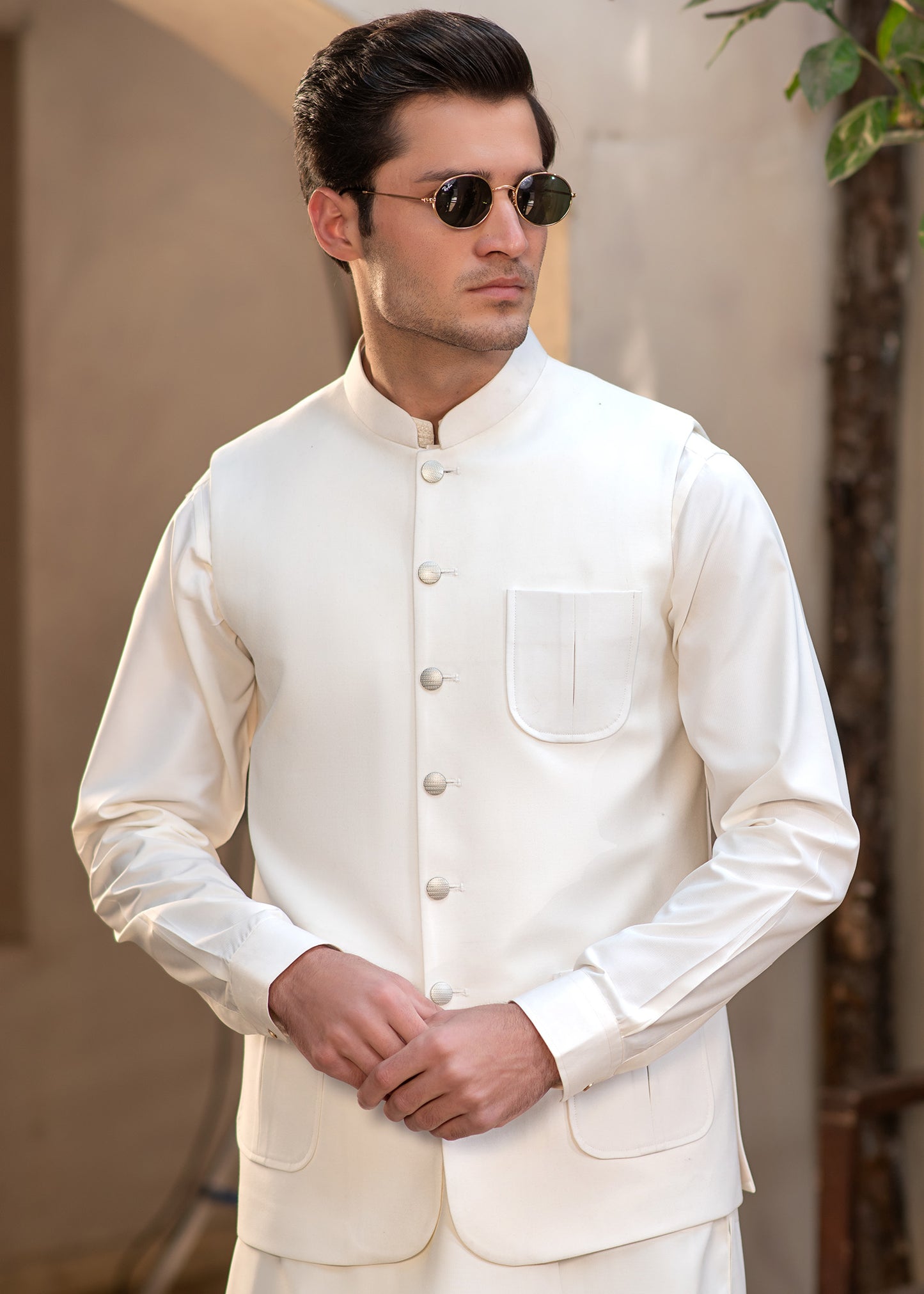 Premium Classic Off-White Suiting Waistcoat Men's with two side patch pockets and one welt chest patch pocket - Classic Fit Mandarin style