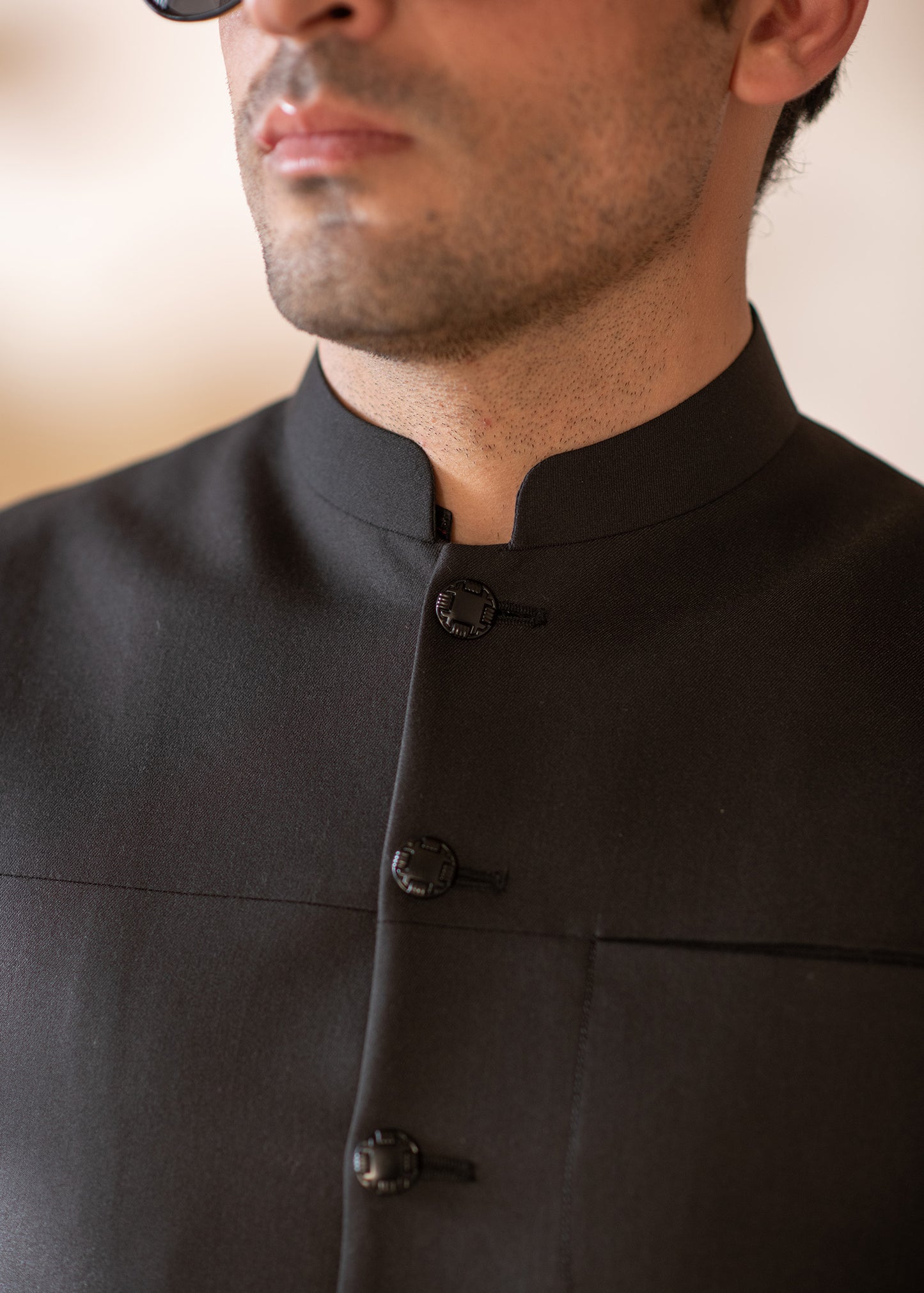 Premium Black Suiting Waistcoat Men's with two side patch pockets and one welt chest Bone pocket - Classic Fit Mandarin style