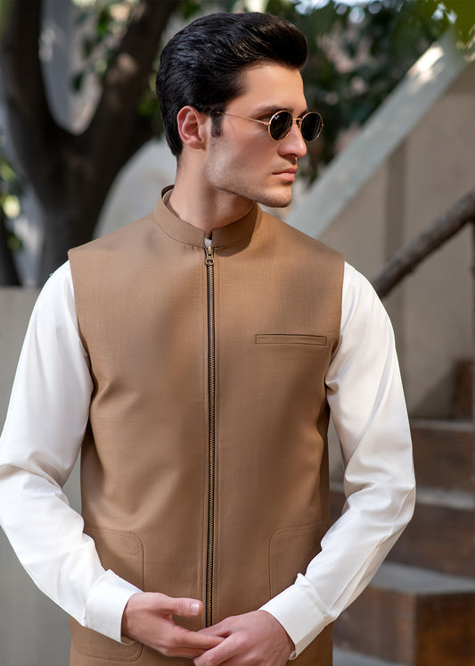 Men's Camel Brown Ethnic Waistcoat - Modern Zip Design with two side patch pockets and one welt chest Bone pocket - Classic Fit Mandarin style