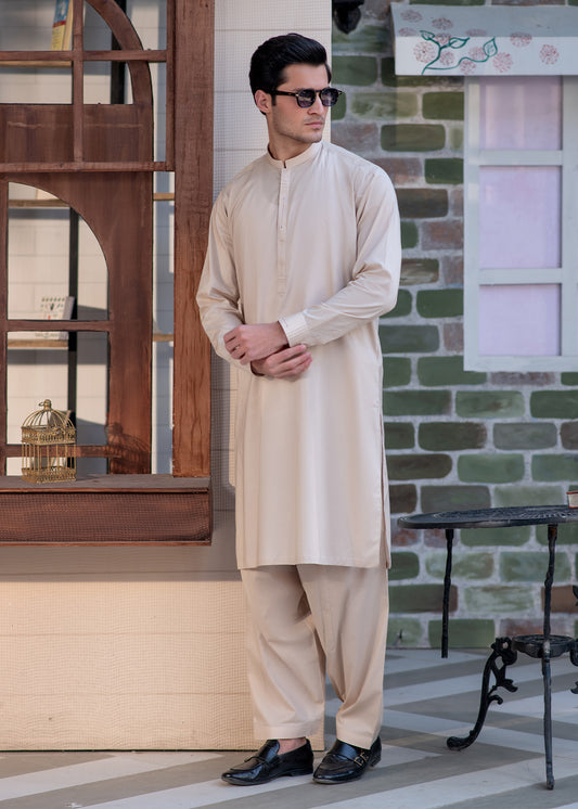 Men's Beige Shalwar Kameez - Cotton