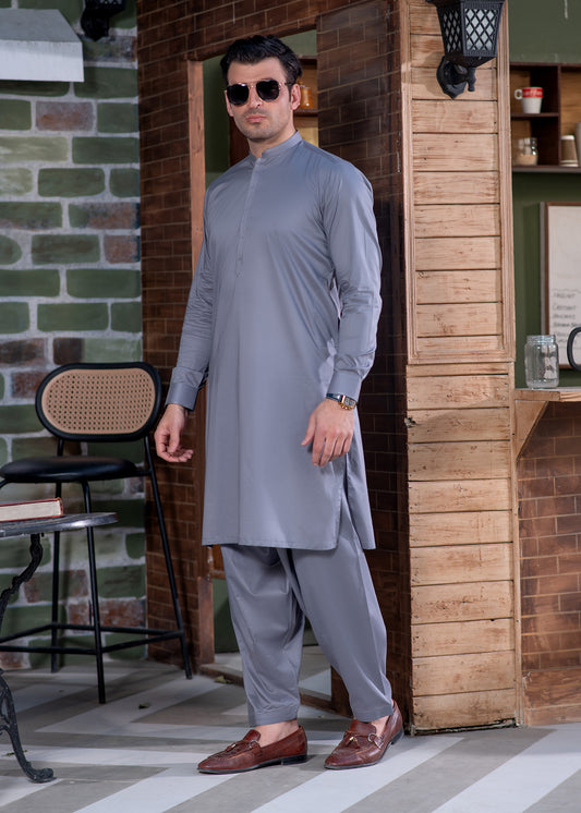 Grey Cotton Men's Kameez Shalwar With Design Mandarin