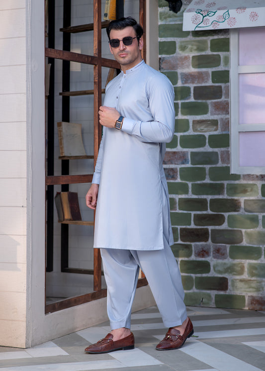 Light Blue Men’s Designer Shalwar Kameez with Minimalist Stitched Ban