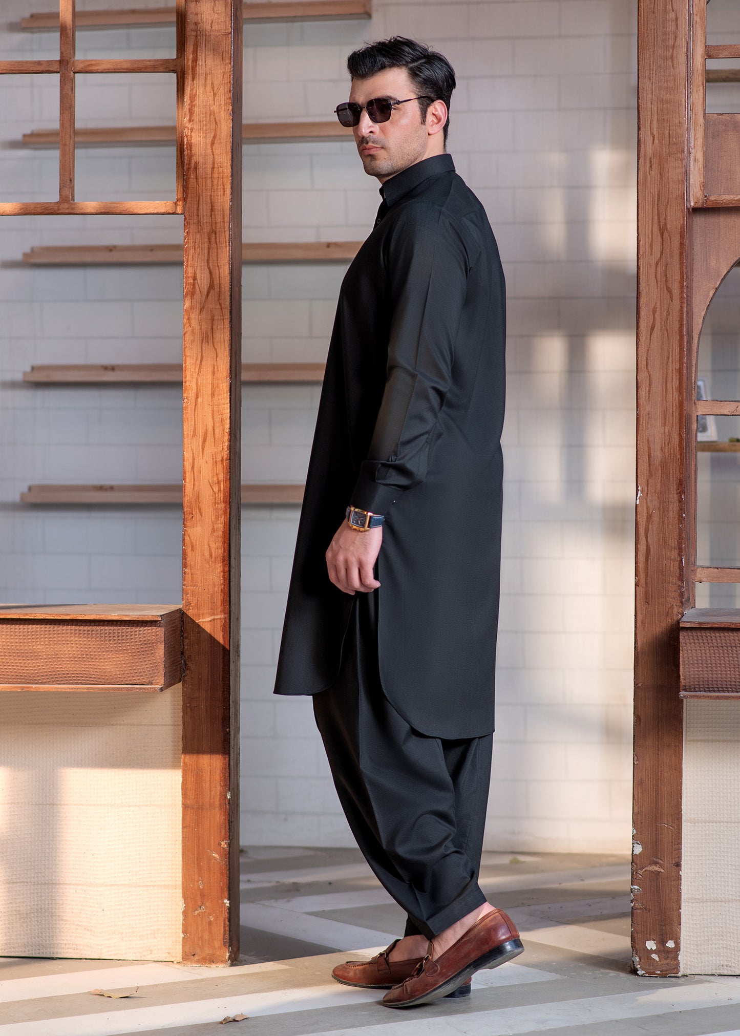 Black Collar Plain - Kameez Shalwar - Men