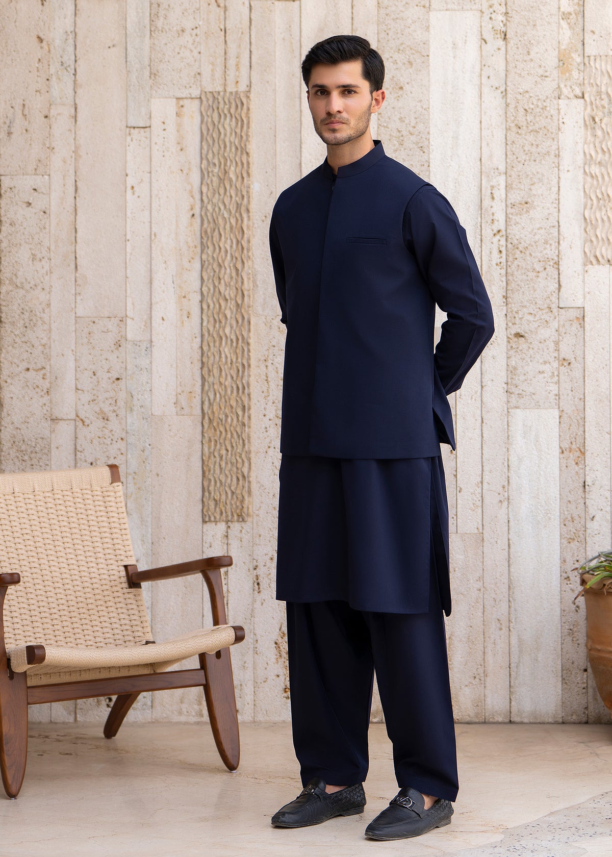 Navy Blue Formal Kameez Shalwar with Blended Waistcoat - Straight Cut - Men