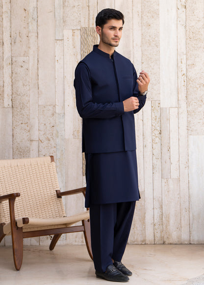 Navy Blue Formal Kameez Shalwar with Blended Waistcoat - Straight Cut - Men