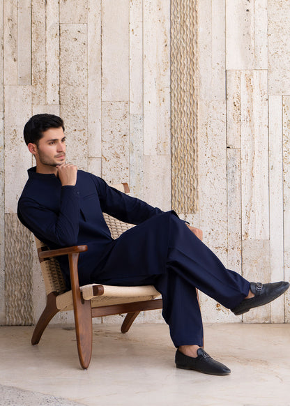 Navy Blue Formal Kameez Shalwar with Blended Waistcoat - Straight Cut - Men