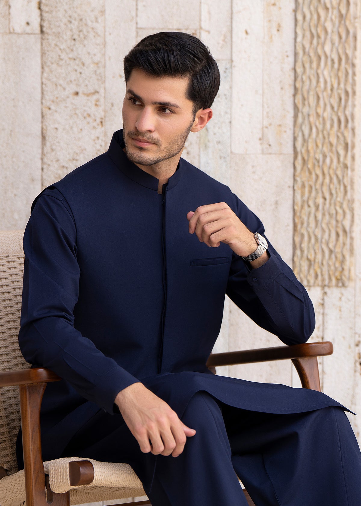 Navy Blue Formal Kameez Shalwar with Blended Waistcoat - Straight Cut - Men