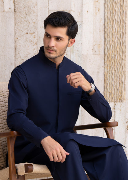 Navy Blue Formal Kameez Shalwar with Blended Waistcoat - Straight Cut - Men
