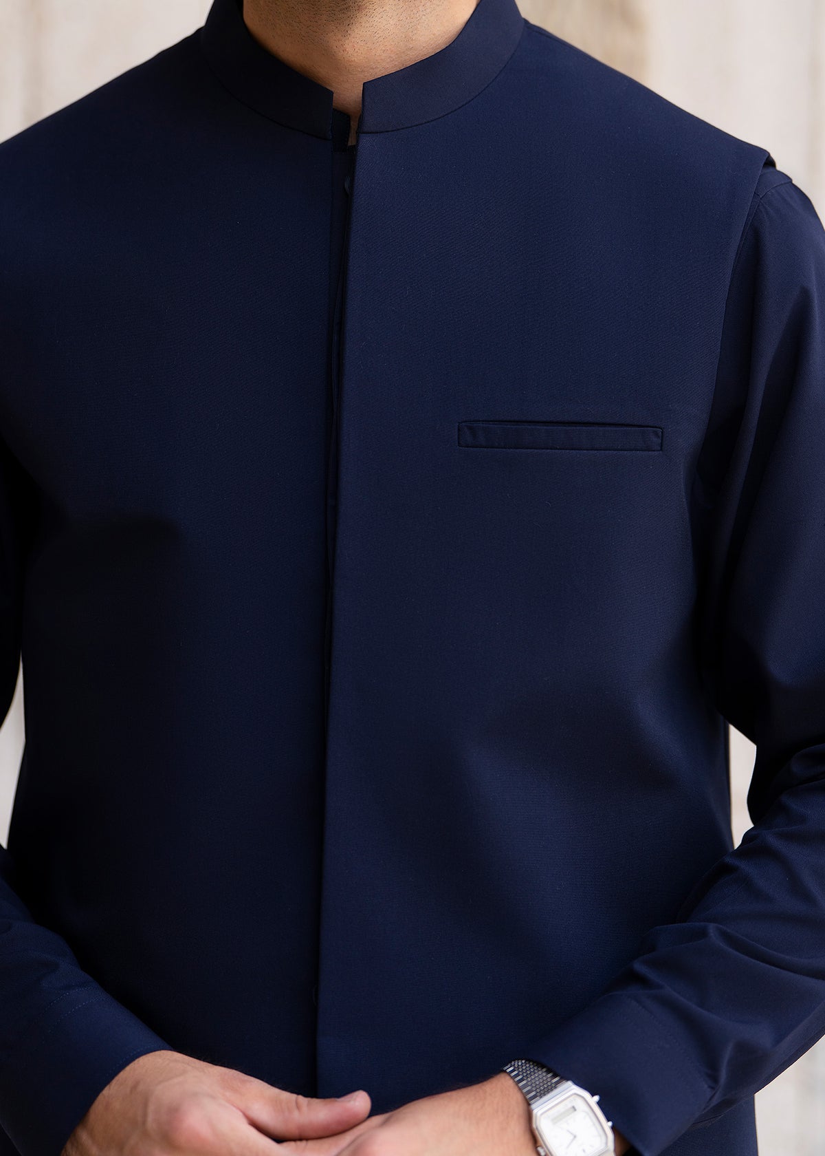Navy Blue Formal Kameez Shalwar with Blended Waistcoat - Straight Cut - Men