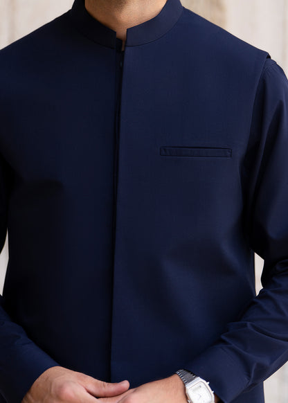 Navy Blue Formal Kameez Shalwar with Blended Waistcoat - Straight Cut - Men