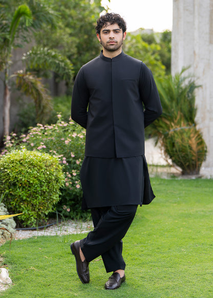 Black  Formal Kameez Shalwar with Blended Waistcoat - Straight Cut - Men