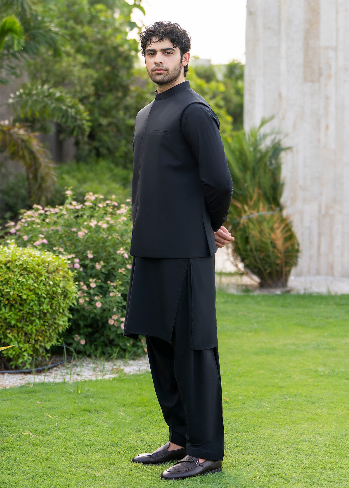 Black  Formal Kameez Shalwar with Blended Waistcoat - Straight Cut - Men