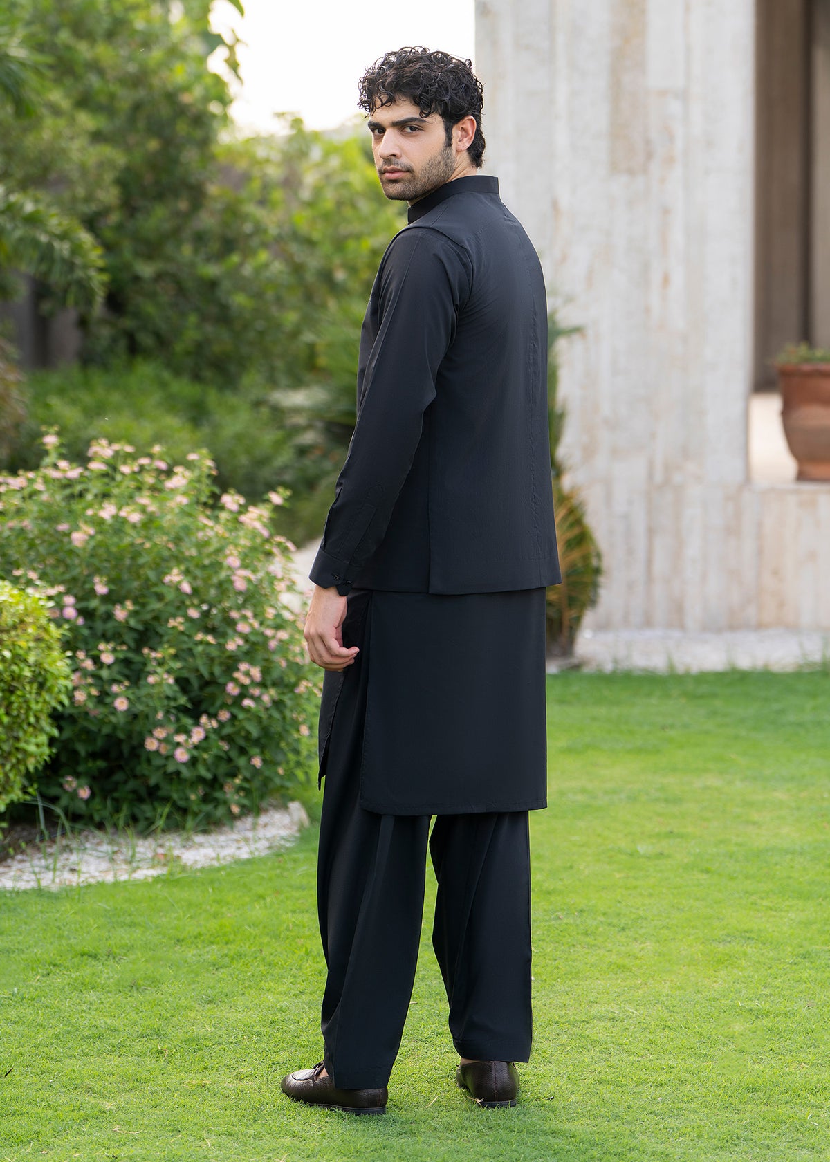 Black  Formal Kameez Shalwar with Blended Waistcoat - Straight Cut - Men