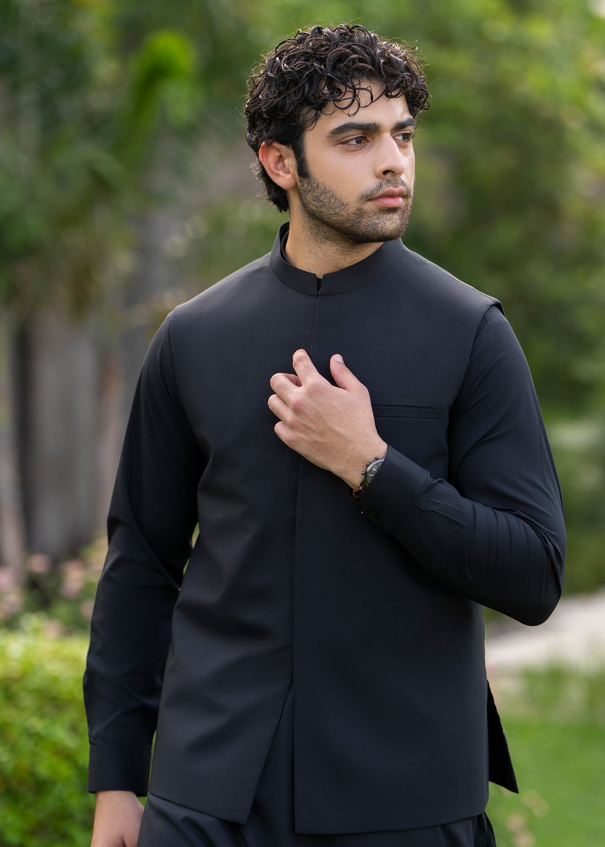 Black  Formal Kameez Shalwar with Blended Waistcoat - Straight Cut - Men