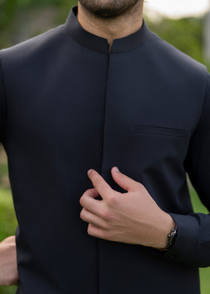 Black  Formal Kameez Shalwar with Blended Waistcoat - Straight Cut - Men