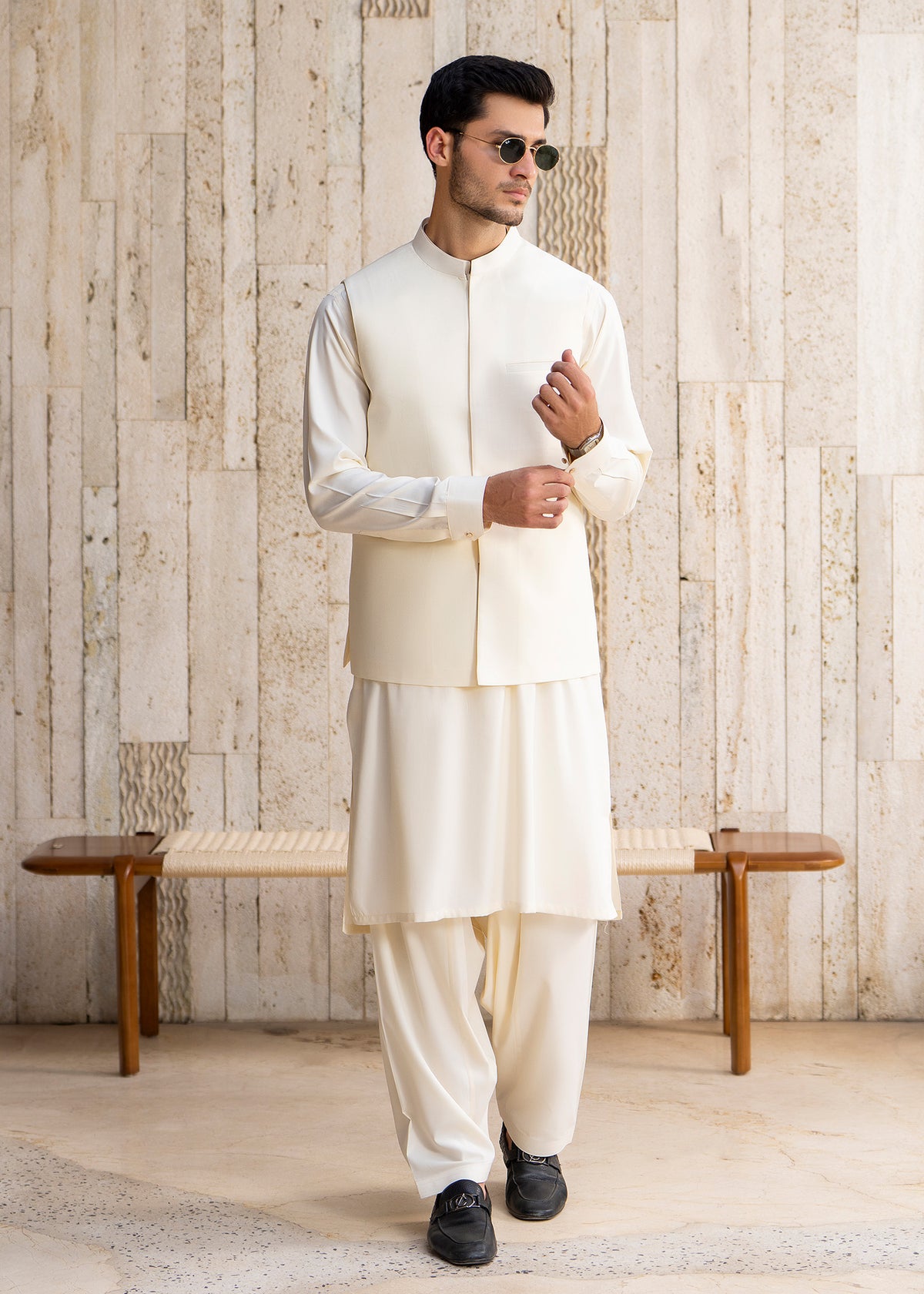Boosky White  Formal Kameez Shalwar with Blended Waistcoat - Straight Cut - Men