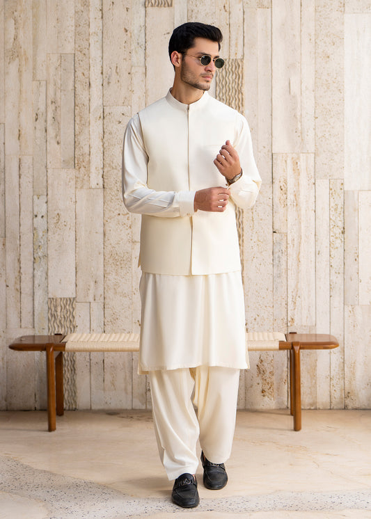 Boosky White  Formal Kameez Shalwar with Blended Waistcoat - Straight Cut - Men