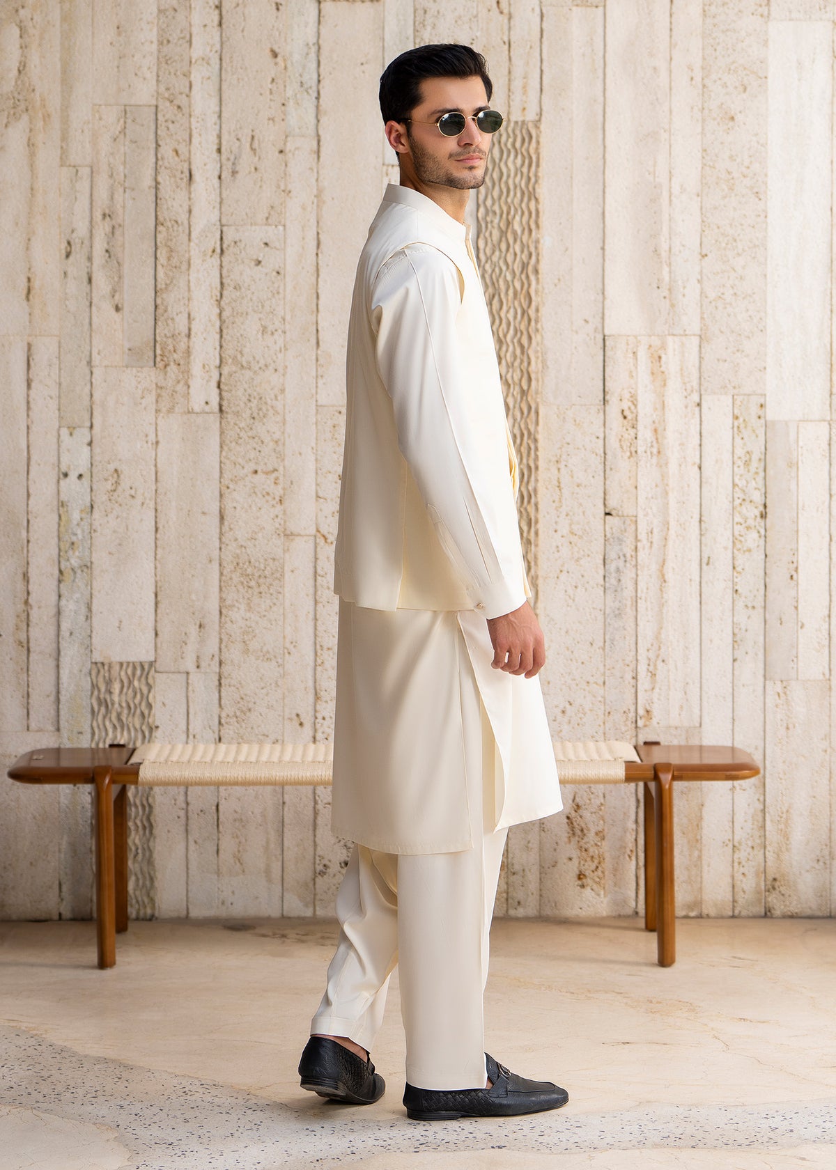 Boosky White  Formal Kameez Shalwar with Blended Waistcoat - Straight Cut - Men