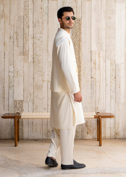 Boosky White  Formal Kameez Shalwar with Blended Waistcoat - Straight Cut - Men