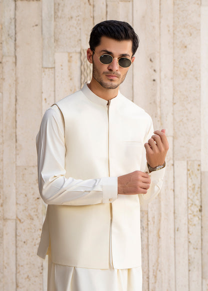 Boosky White  Formal Kameez Shalwar with Blended Waistcoat - Straight Cut - Men