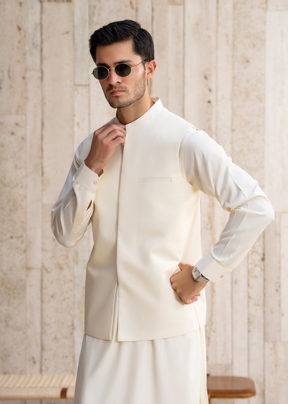 Boosky White  Formal Kameez Shalwar with Blended Waistcoat - Straight Cut - Men