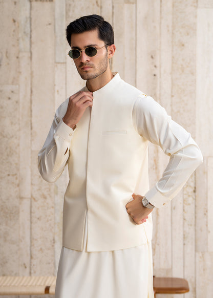 Boosky White  Formal Kameez Shalwar with Blended Waistcoat - Straight Cut - Men