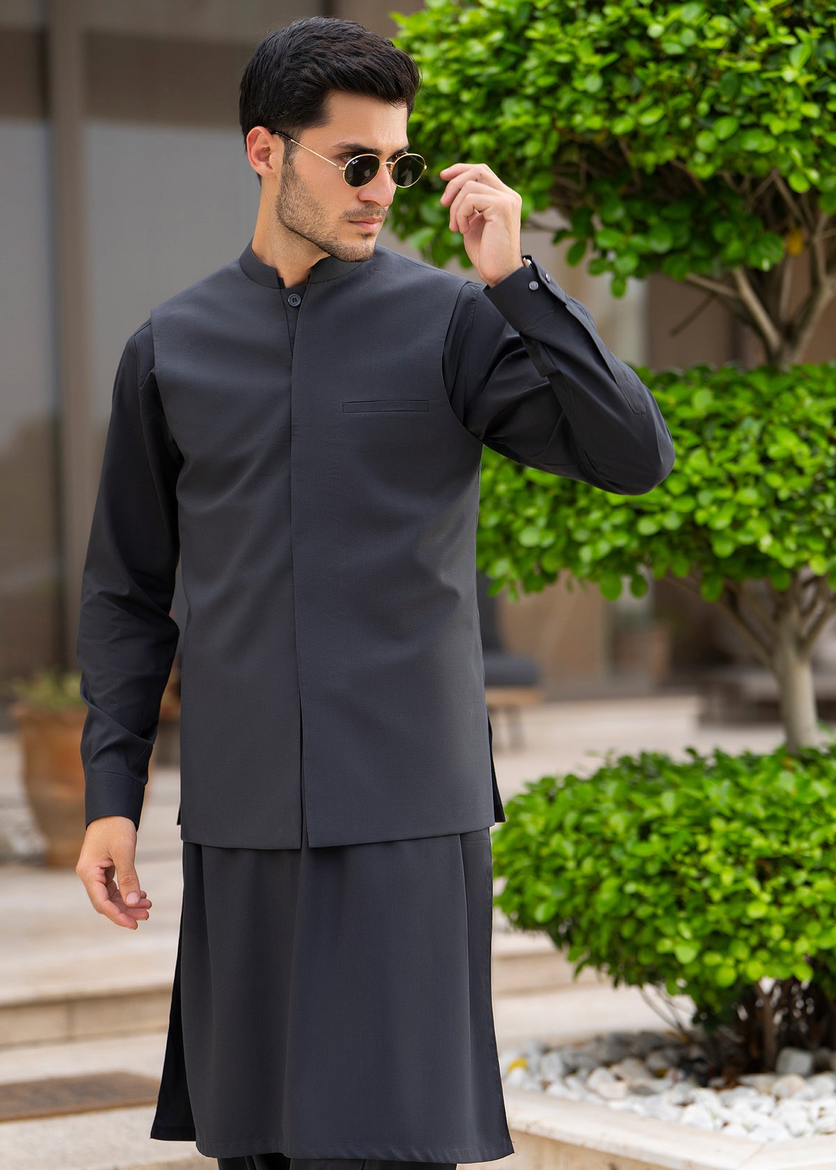 Grey Formal Kameez Shalwar with Blended Waistcoat - Straight Cut - Men