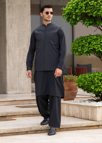 Grey Formal Kameez Shalwar with Blended Waistcoat - Straight Cut - Men