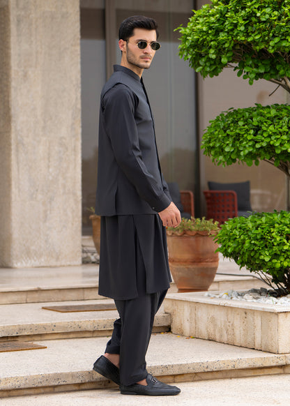 Grey Formal Kameez Shalwar with Blended Waistcoat - Straight Cut - Men