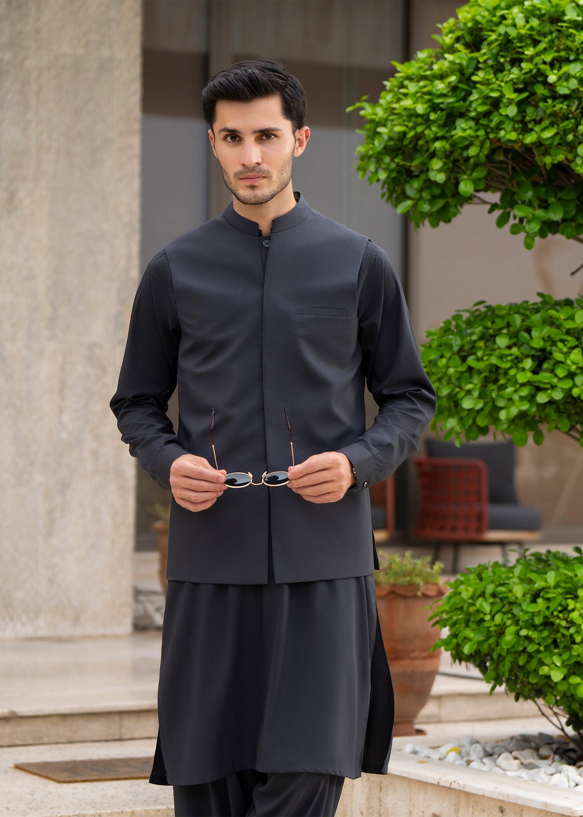 Grey Formal Kameez Shalwar with Blended Waistcoat - Straight Cut - Men