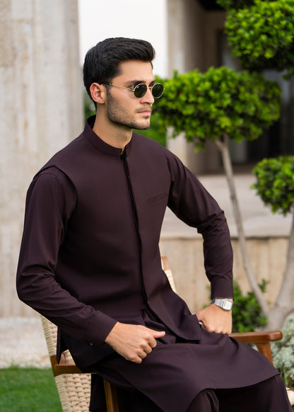 Chocolate Brown Formal Kameez Shalwar with Blended Waistcoat - Straight Cut - Men