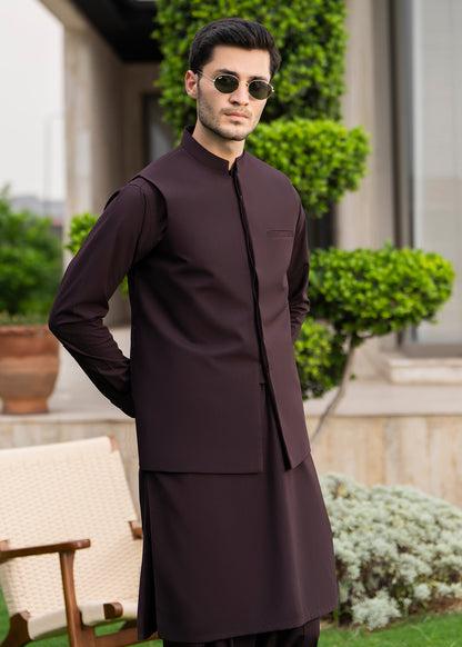 Chocolate Brown Formal Kameez Shalwar with Blended Waistcoat - Straight Cut - Men