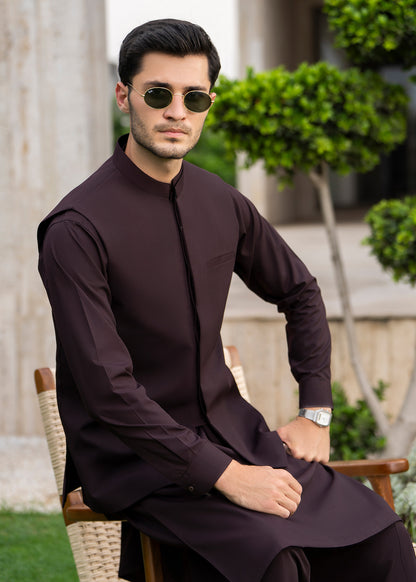 Chocolate Brown Formal Kameez Shalwar with Blended Waistcoat - Straight Cut - Men