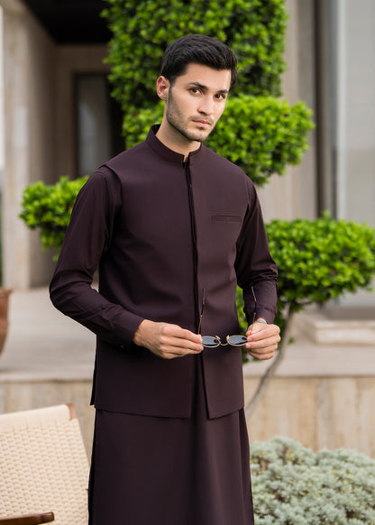 Chocolate Brown Formal Kameez Shalwar with Blended Waistcoat - Straight Cut - Men