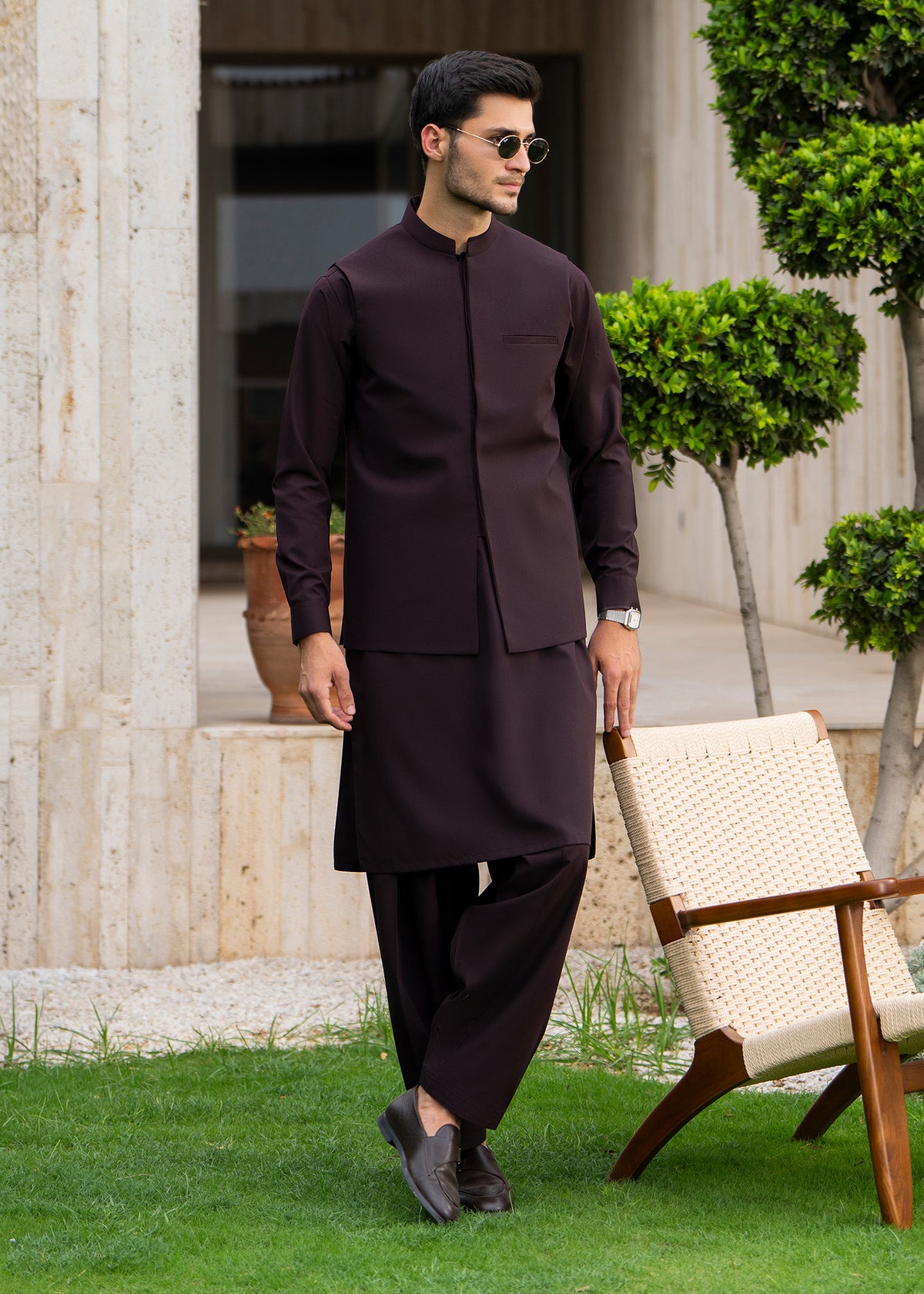 Chocolate Brown Formal Kameez Shalwar with Blended Waistcoat - Straight Cut - Men