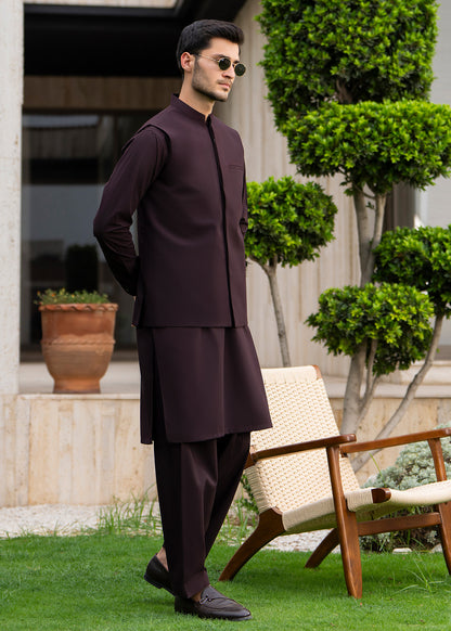 Chocolate Brown Formal Kameez Shalwar with Blended Waistcoat - Straight Cut - Men