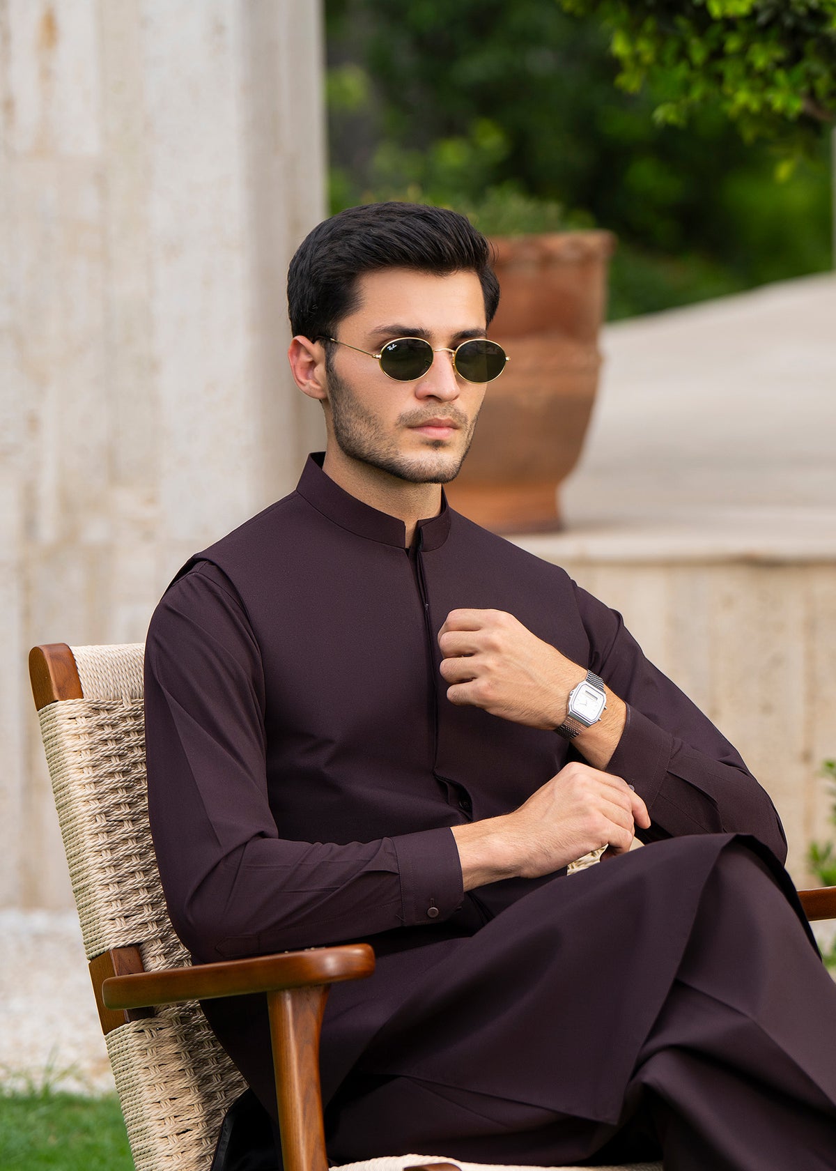Chocolate Brown Formal Kameez Shalwar with Blended Waistcoat - Straight Cut - Men