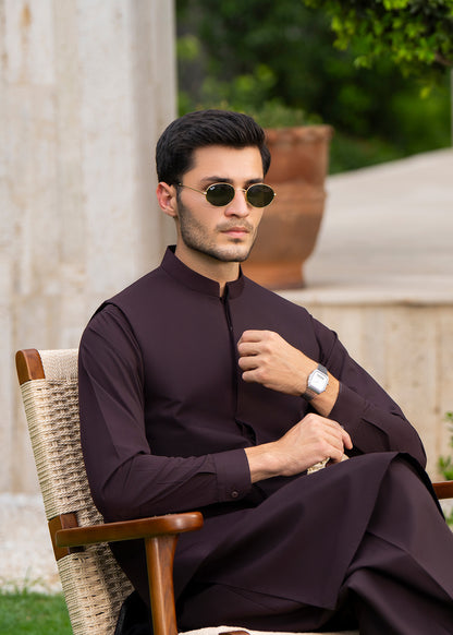 Chocolate Brown Formal Kameez Shalwar with Blended Waistcoat - Straight Cut - Men