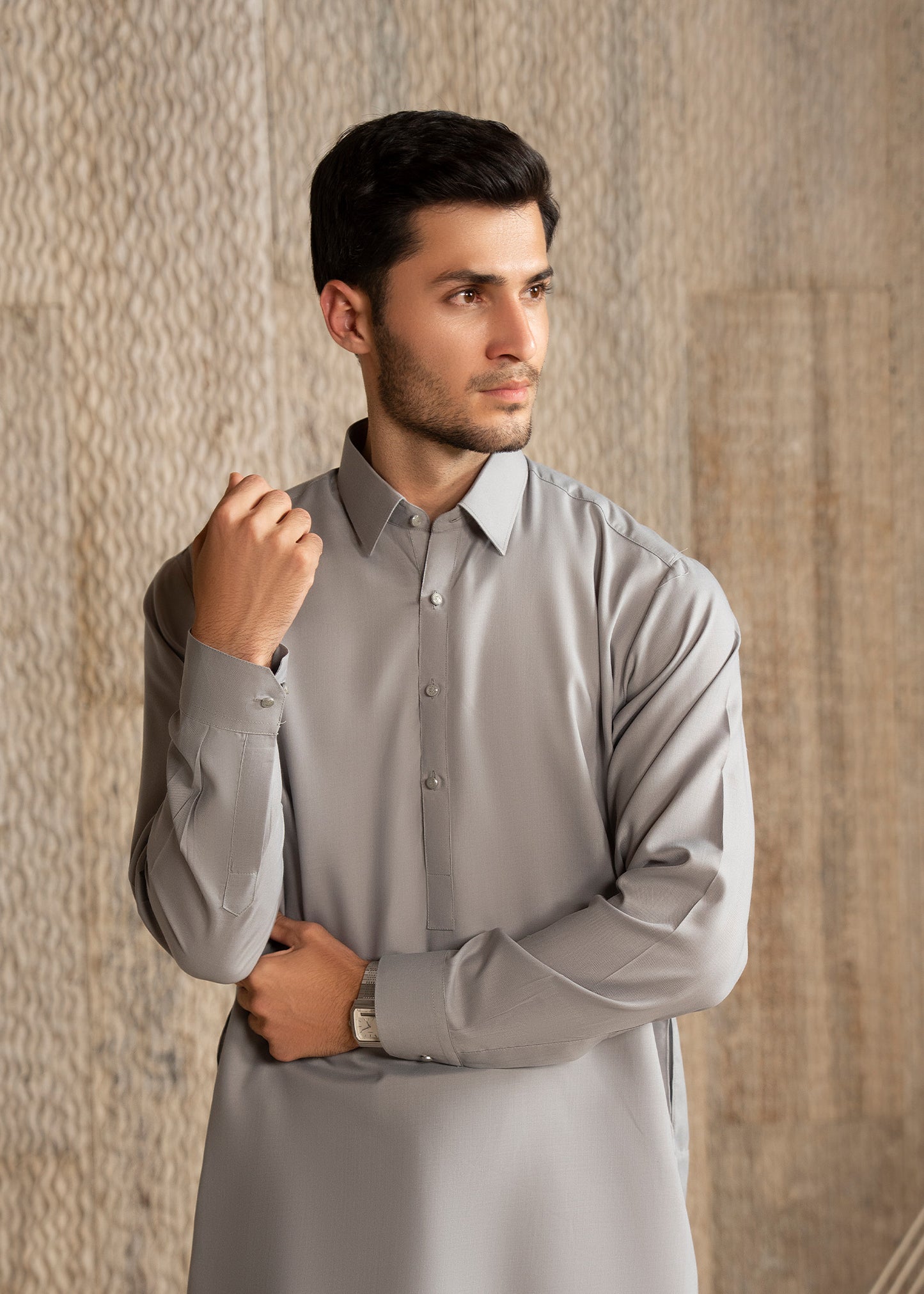 Ash Grey French Collar Kameez Shalwar - Men