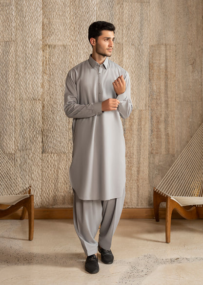 Ash Grey French Collar Kameez Shalwar - Men
