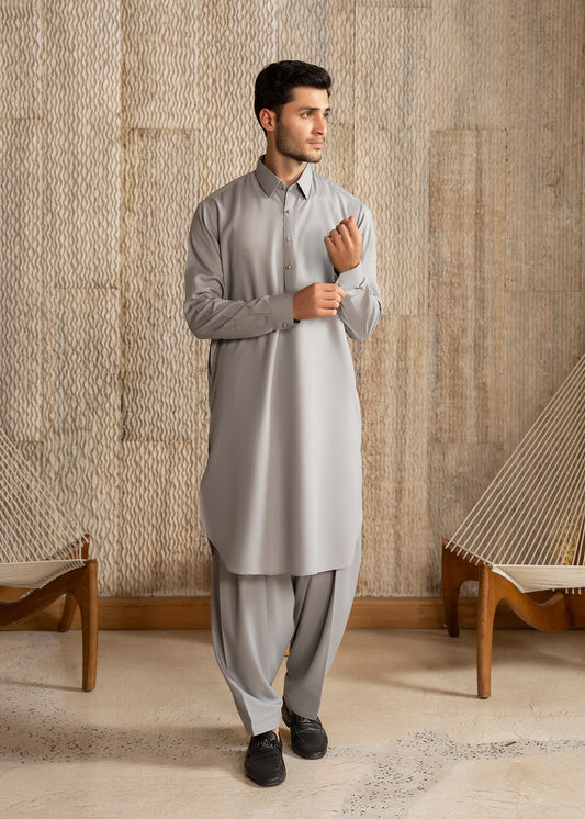 Ash Grey French Collar Kameez Shalwar - Men