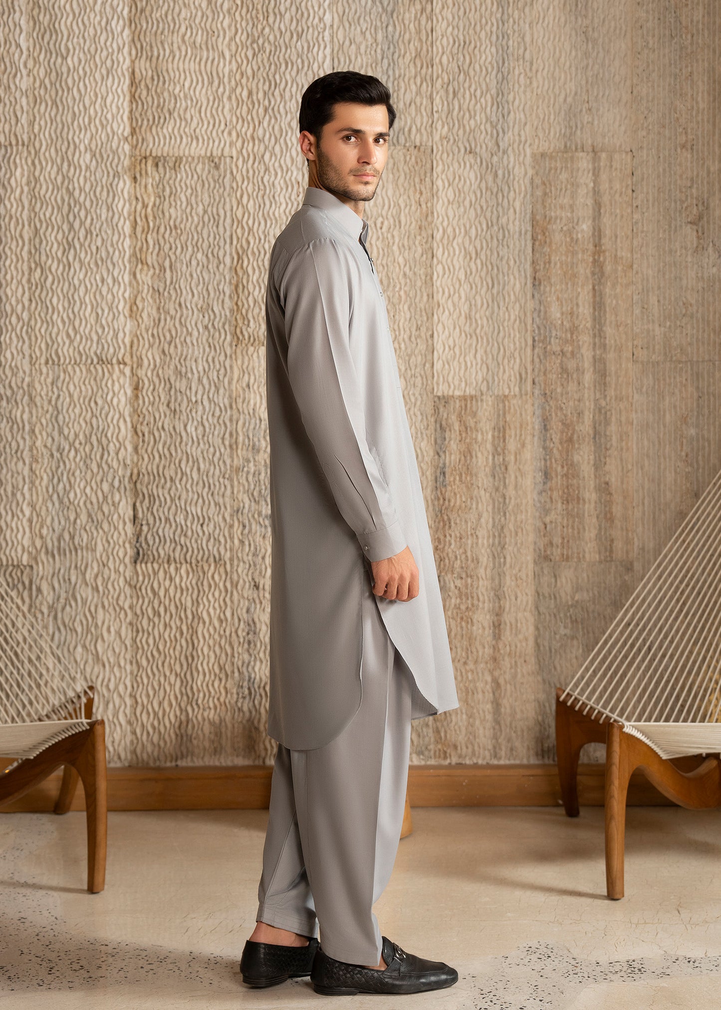Ash Grey French Collar Kameez Shalwar - Men