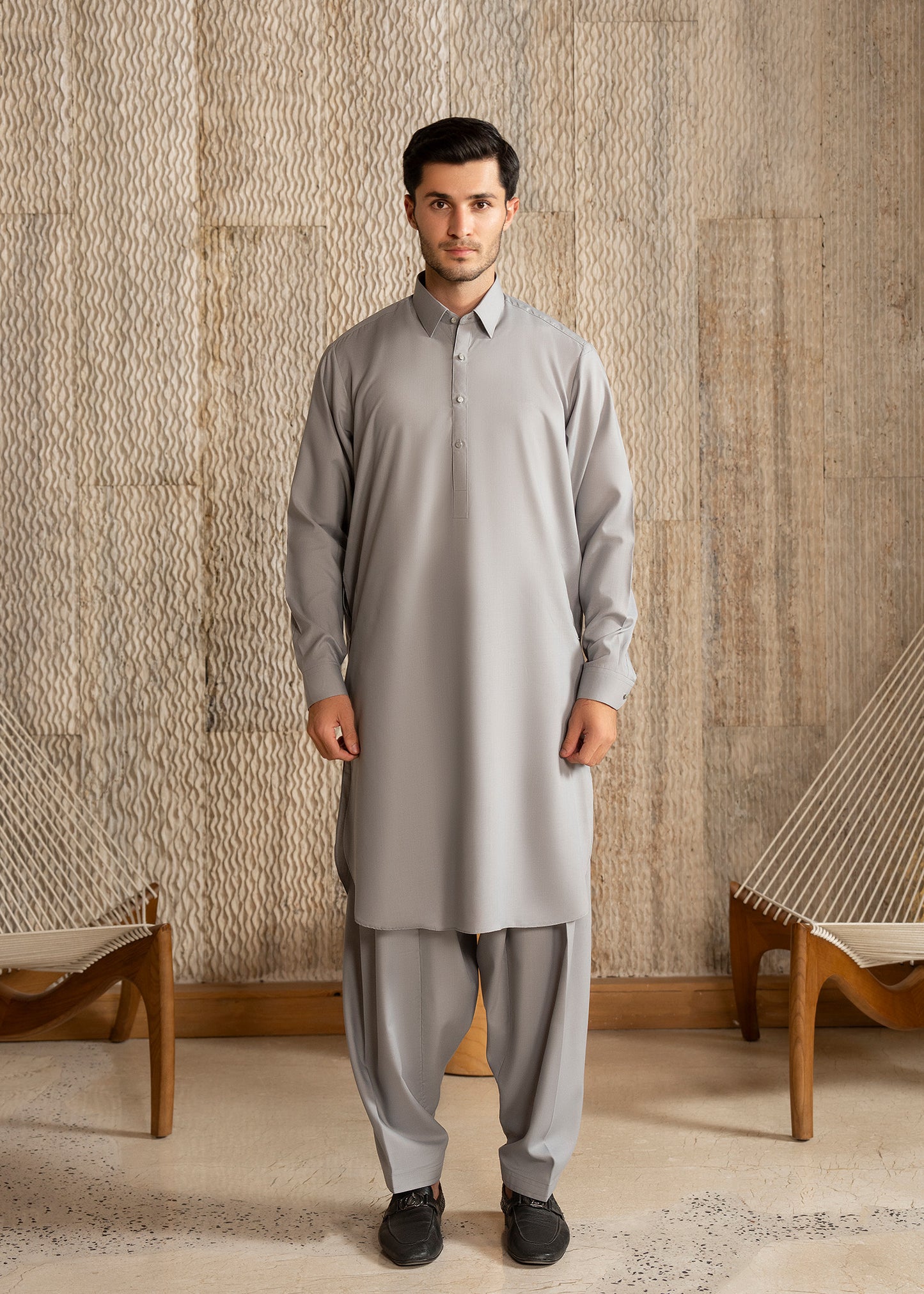 Ash Grey French Collar Kameez Shalwar - Men