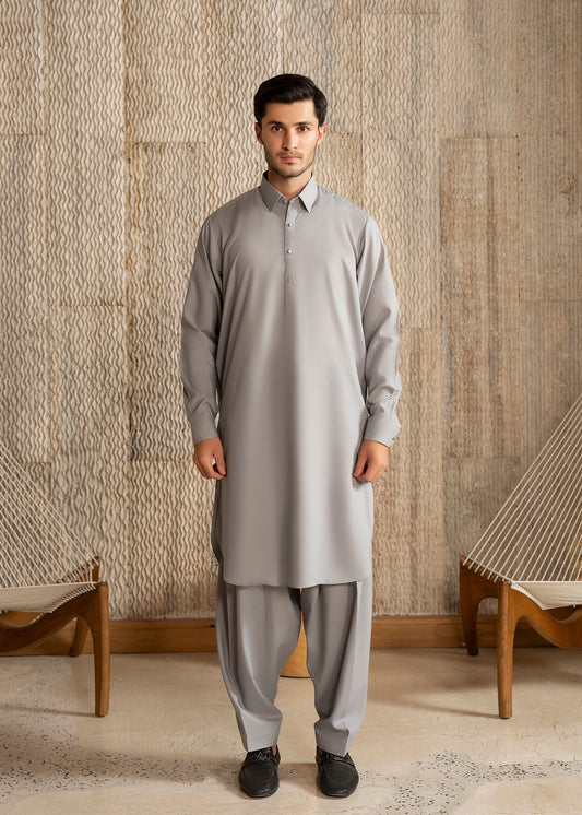 Ash Grey French Collar Kameez Shalwar - Men