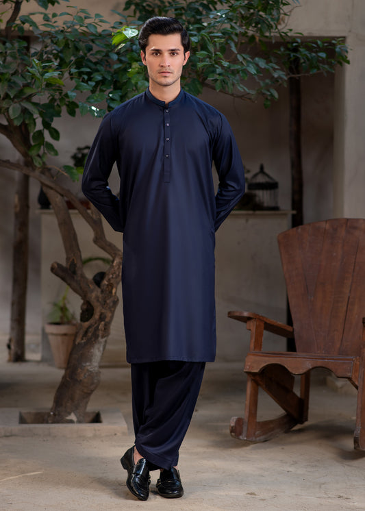 Men's Premium Ban-Embroidered Kameez Shalwar - Navy Blue / Classic Fit.