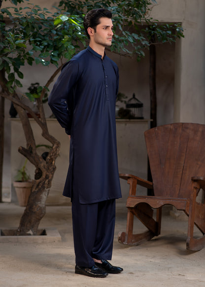 Men's Premium Ban-Embroidered Kameez Shalwar - Navy Blue / Classic Fit.